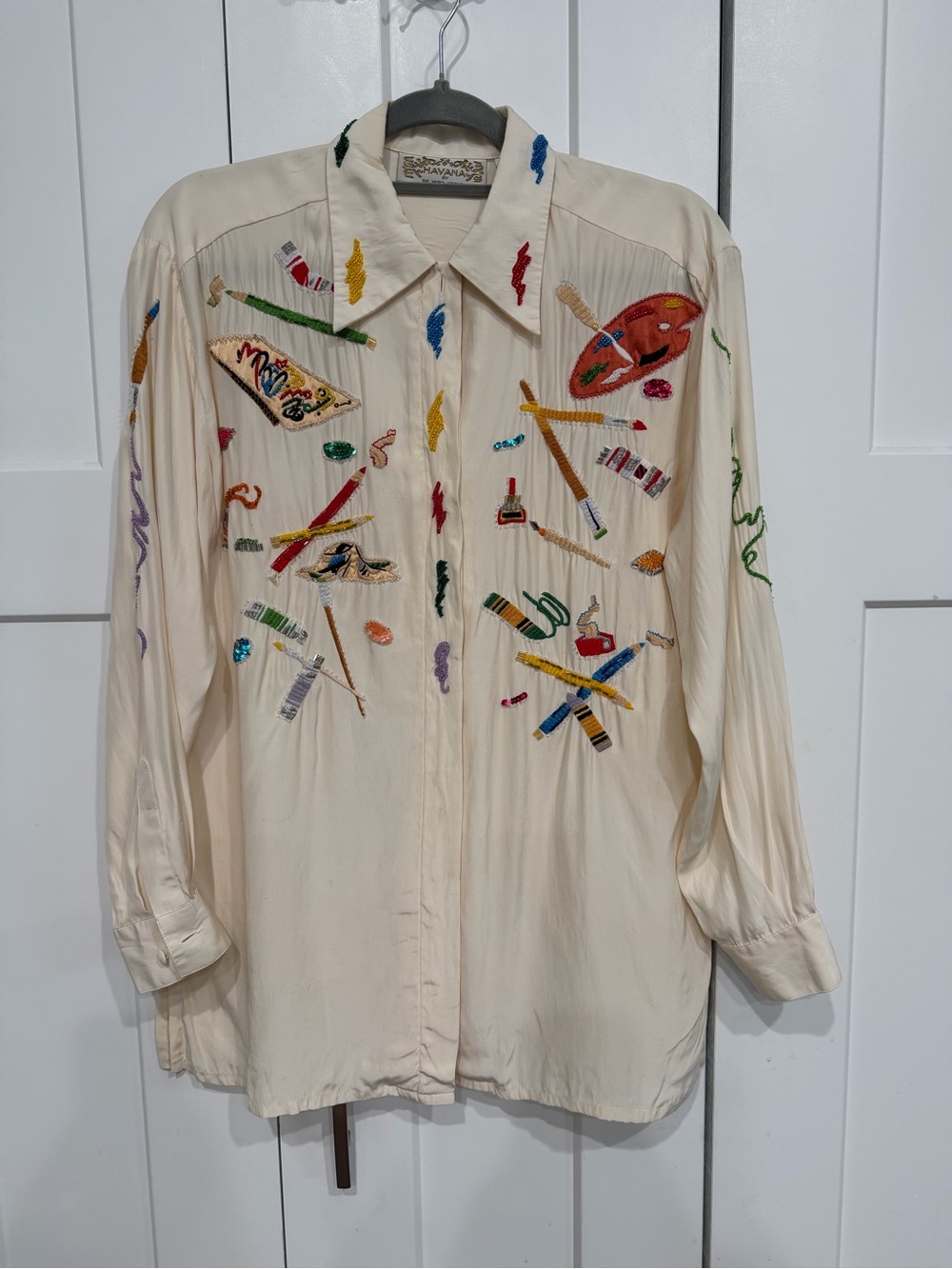 Vintage Havana By Hero Group Womens Size 4 Silk Shirt Ivory Artist Paint Beaded